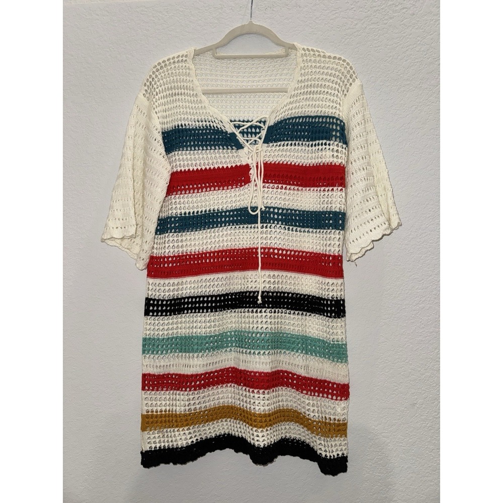 Women M Boho‎ Crochet Top Open Knit Color Striped  Flirty Beachy Coastal 90s